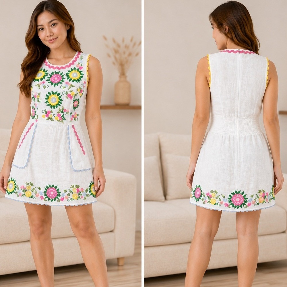 Roller Rabbit Wildflower Kiki Dress XS White Linen Embroidered Floral Boho Mini